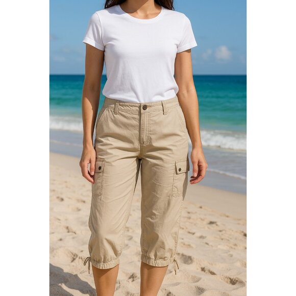 Chaps Denim Women’s Cargo Capri Pants Khaki Beige Size 10 Drawstring Hem Pockets - Picture 1 of 7
